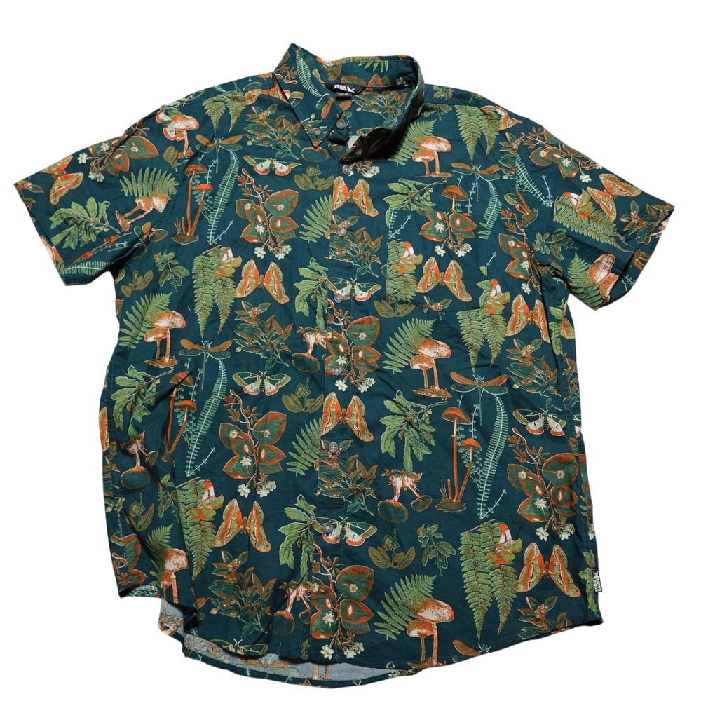 Eddie Bauer Shirt Mens XL Green Mushroom Nature Print Short Sleeve Button Up